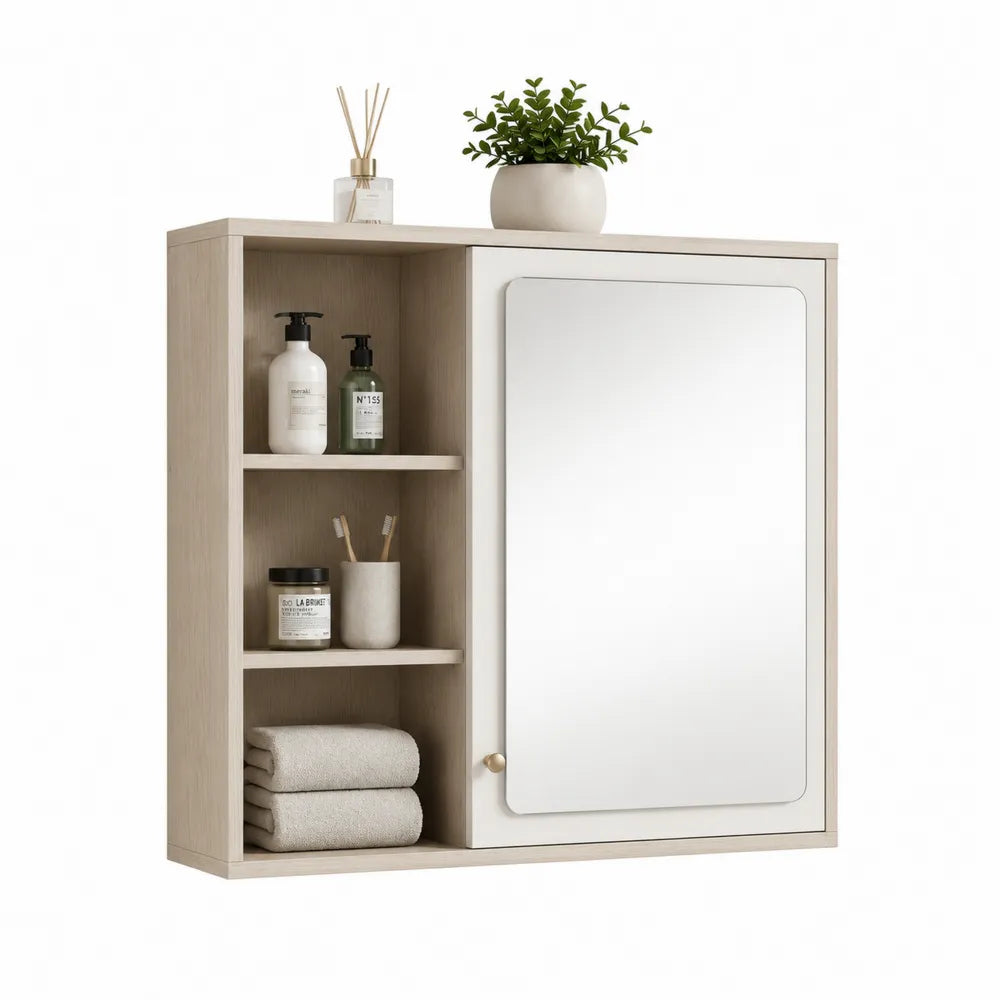 Spiegelschrank 70 cm x 18 cm x 65 cm Eiche Weiß MDF mit offenen Regalfächern und Spiegeltür Goldgriff