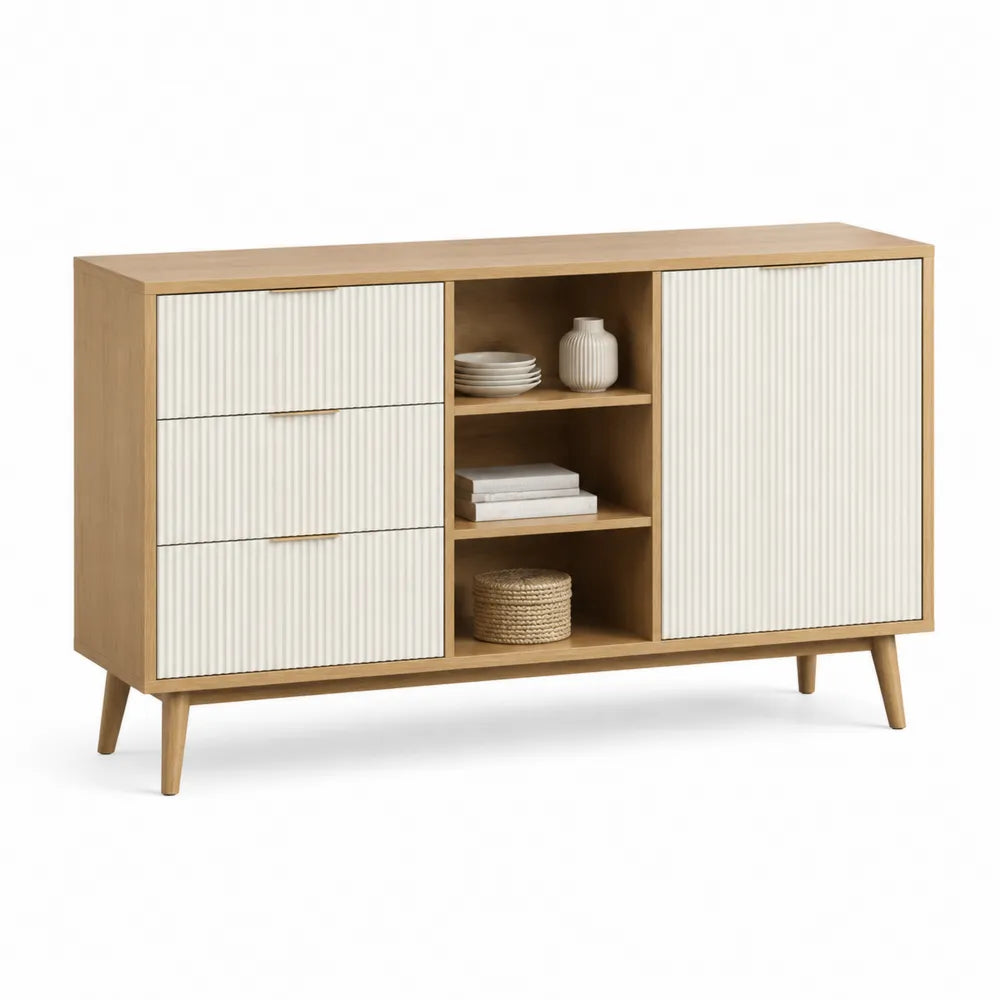 Sideboard Kommode 1 Tür 3 Schubladen offene Fächer Holzwerkstoff gerillte Front Cremeweiß Naturholz Gold 140 cm x 35 cm x 85 cm