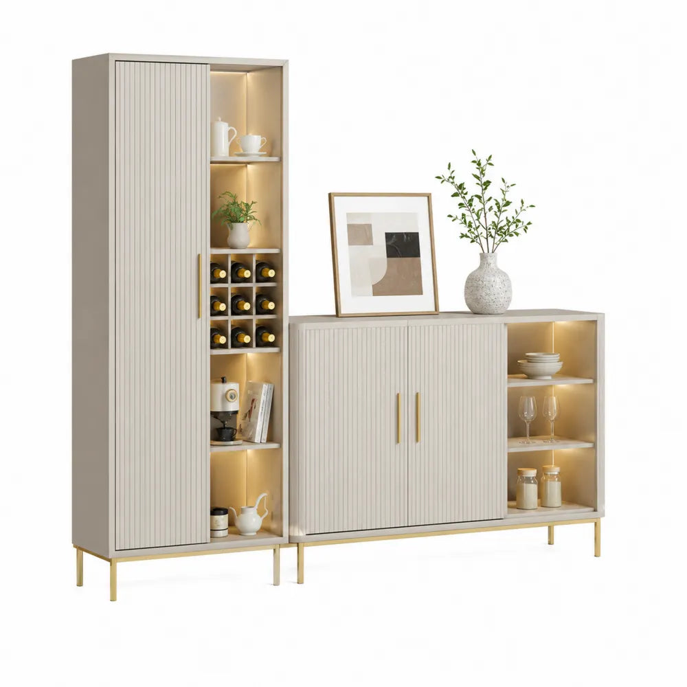 Sideboard Set 2-teilig 120 x 35 x 90 cm und 60 x 35 x 170 cm MDF Lamellentüren Metallgestell Gold Cremeweiß Beige offene Fächer LED Beleuchtung rechteckig