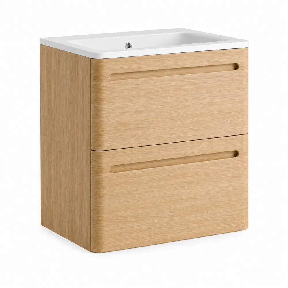 Waschtischunterschrank mit Keramikbecken 60 x 45 x 60 cm Eiche Holzoptik Weiß 2 Schubladen rechteckig