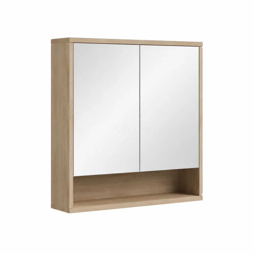 Spiegelschrank 80 x 16 x 75 cm Eichenoptik Rechteckig MDF 2 Spiegeltüren Offenes Ablagefach Naturholz