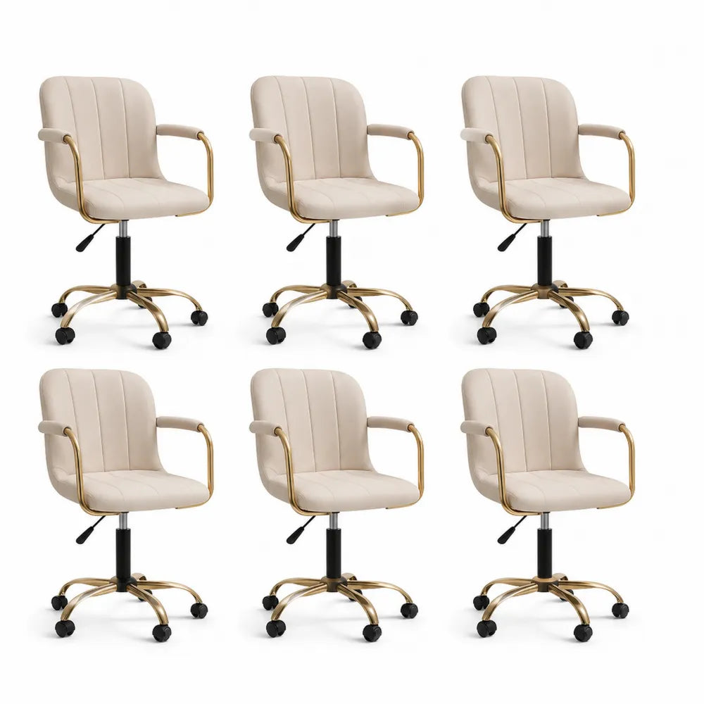 Esszimmerstühle 6er Set Drehstuhl mit Rollen höhenverstellbar Polster Sitzfläche Armlehne Metallgestell Gold Beige 60 cm x 60 cm x 80-92 cm Sitzhöhe 45-57 cm