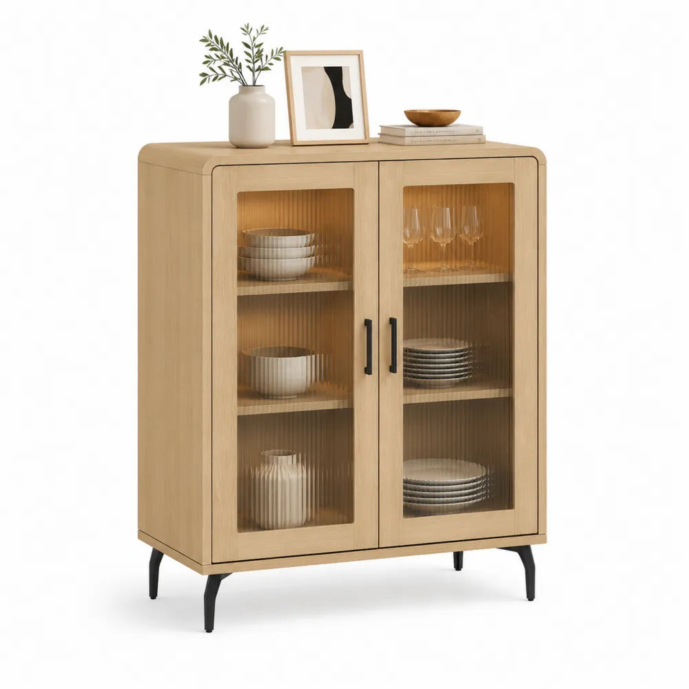 Vitrinenschrank Aufbewahrungsschrank 100 x 40 x 125 cm Holzdekor Eichenoptik Glastüren geriffelt 2 Türen offene Fächer Schwarz Metallfüße rechteckig