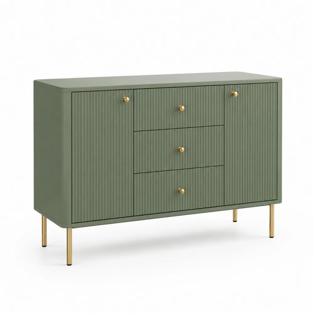 Sideboard Kommode 2 Türen 3 Schubladen MDF Rillenfront Grün Gold Metallfüße 120 cm x 40 cm x 85 cm