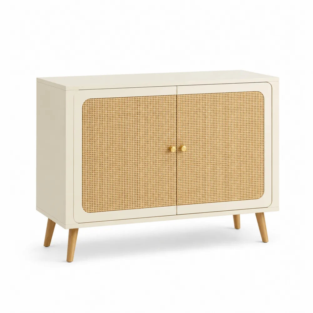 Sideboard Aufbewahrungsschrank 100 x 40 x 80 cm MDF Cremeweiß Rattan Türen Naturholz Beine rechteckig Goldgriffe