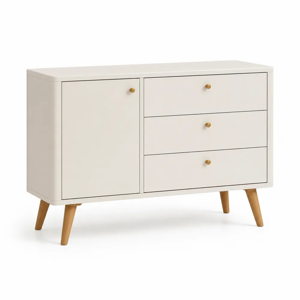 Sideboard Kommode 1 Tür 3 Schubladen Holzwerkstoff MDF Cremeweiß Naturholz 140 cm x 40 cm x 75 cm