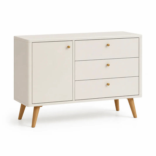 Sideboard Kommode 1 Tür 3 Schubladen Holzwerkstoff MDF Cremeweiß Naturholz 140 cm x 40 cm x 75 cm