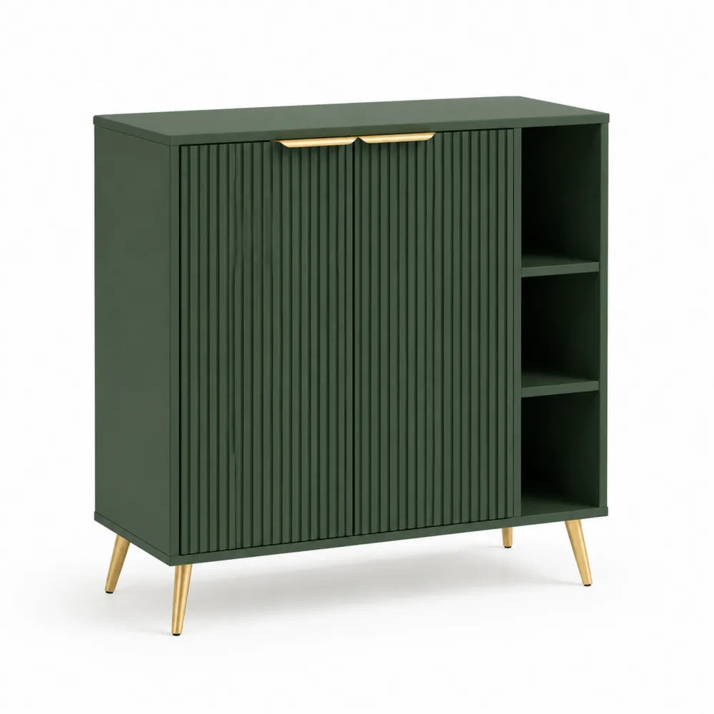 Sideboard Kommode 100 x 35 x 85 cm MDF Holzwerkstoff Dunkelgrün rechteckig 2 Türen offene Fächer Goldbeine