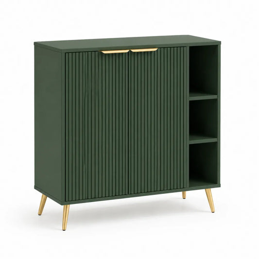Sideboard Kommode 100 x 35 x 85 cm MDF Holzwerkstoff Dunkelgrün rechteckig 2 Türen offene Fächer Goldbeine