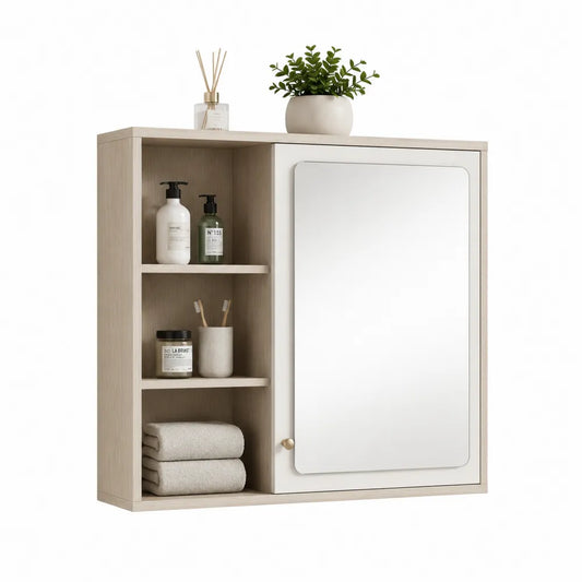 Spiegelschrank 70 cm x 18 cm x 65 cm Eiche Weiß MDF mit offenen Regalfächern und Spiegeltür Goldgriff