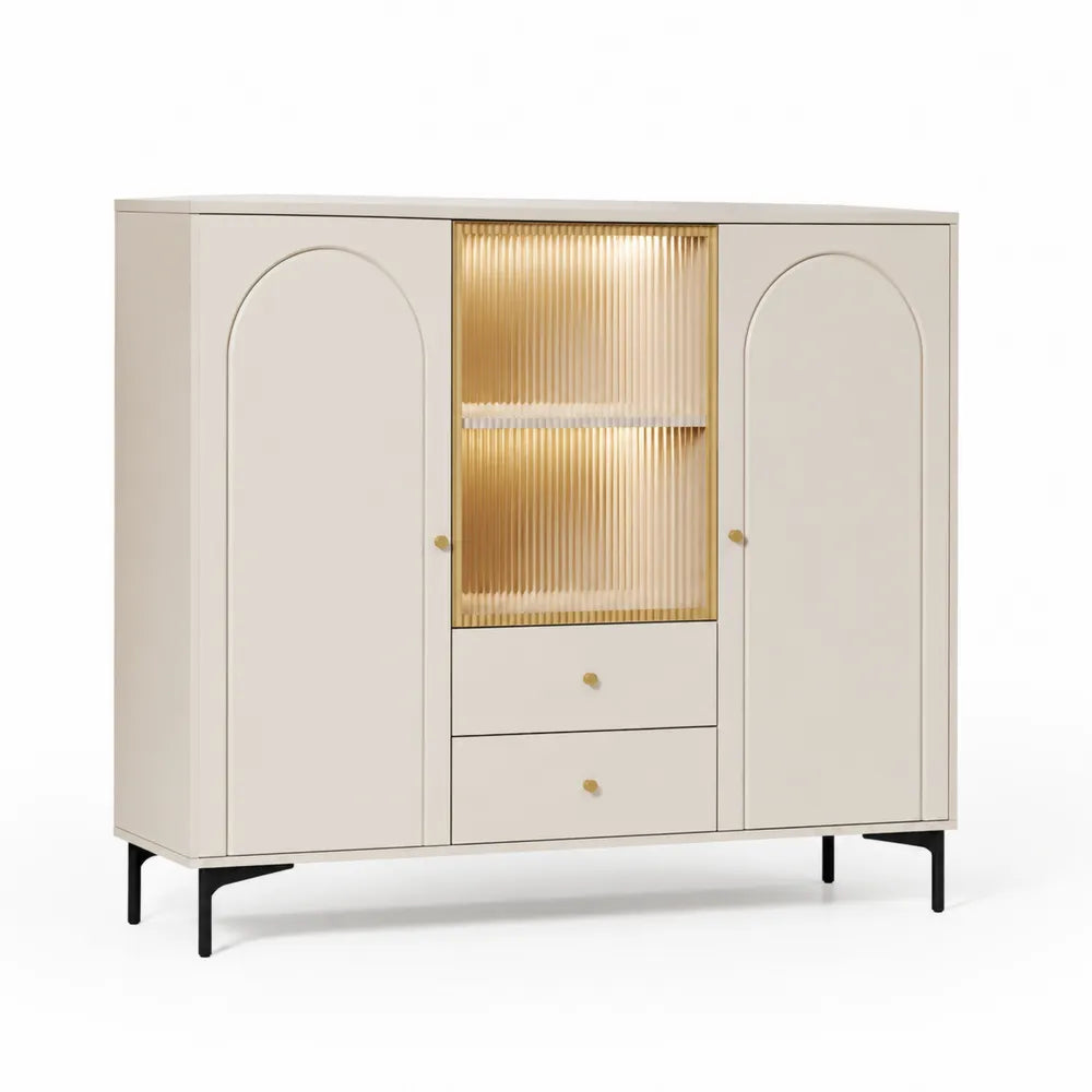 Sideboard 120 cm x 40 cm x 90 cm MDF geriffelte Glastür mit LED Licht und 2 Schubladen Cremeweiß Gold Schwarz Metallbeine