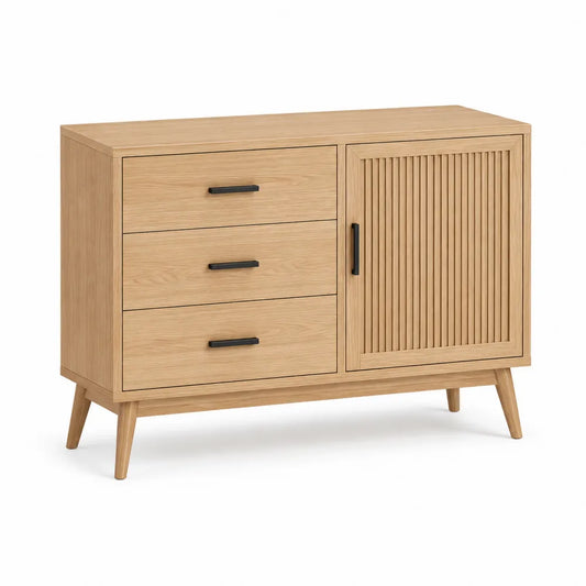 Sideboard Kommode 120 x 40 x 80 cm MDF Holzwerkstoff Eiche Natur rechteckig 3 Schubladen 1 Tür Lamellenfront Holzbeine