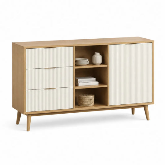 Sideboard Kommode 1 Tür 3 Schubladen offene Fächer Holzwerkstoff gerillte Front Cremeweiß Naturholz Gold 140 cm x 35 cm x 85 cm