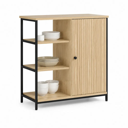 Sideboard Aufbewahrungsschrank 1 Tür offene Fächer 3 Ebenen MDF Holzwerkstoff Naturholz Schwarz 100 cm x 35 cm x 90 cm