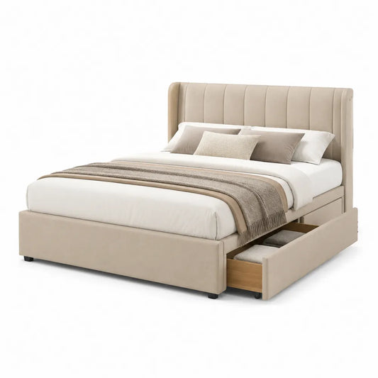 Stauraumbett 160 x 200 cm Polsterbett Beige rechteckig mit gepolstertem Kopfteil 2 Schubladen Holzrahmen