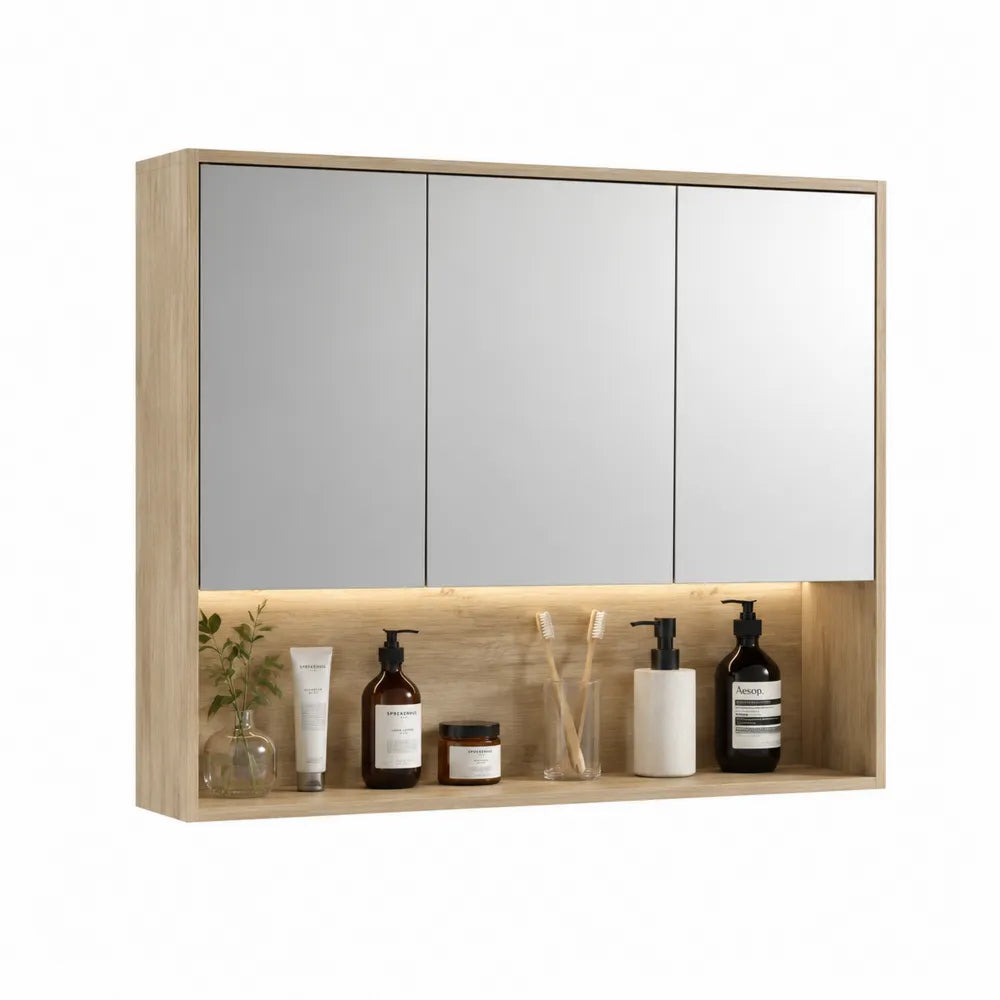 Spiegelschrank 100 x 16 x 80 cm Holzwerkstoff Eiche Dekor Naturbraun rechteckig drei Spiegeltüren LED Beleuchtung offenes Ablagefach