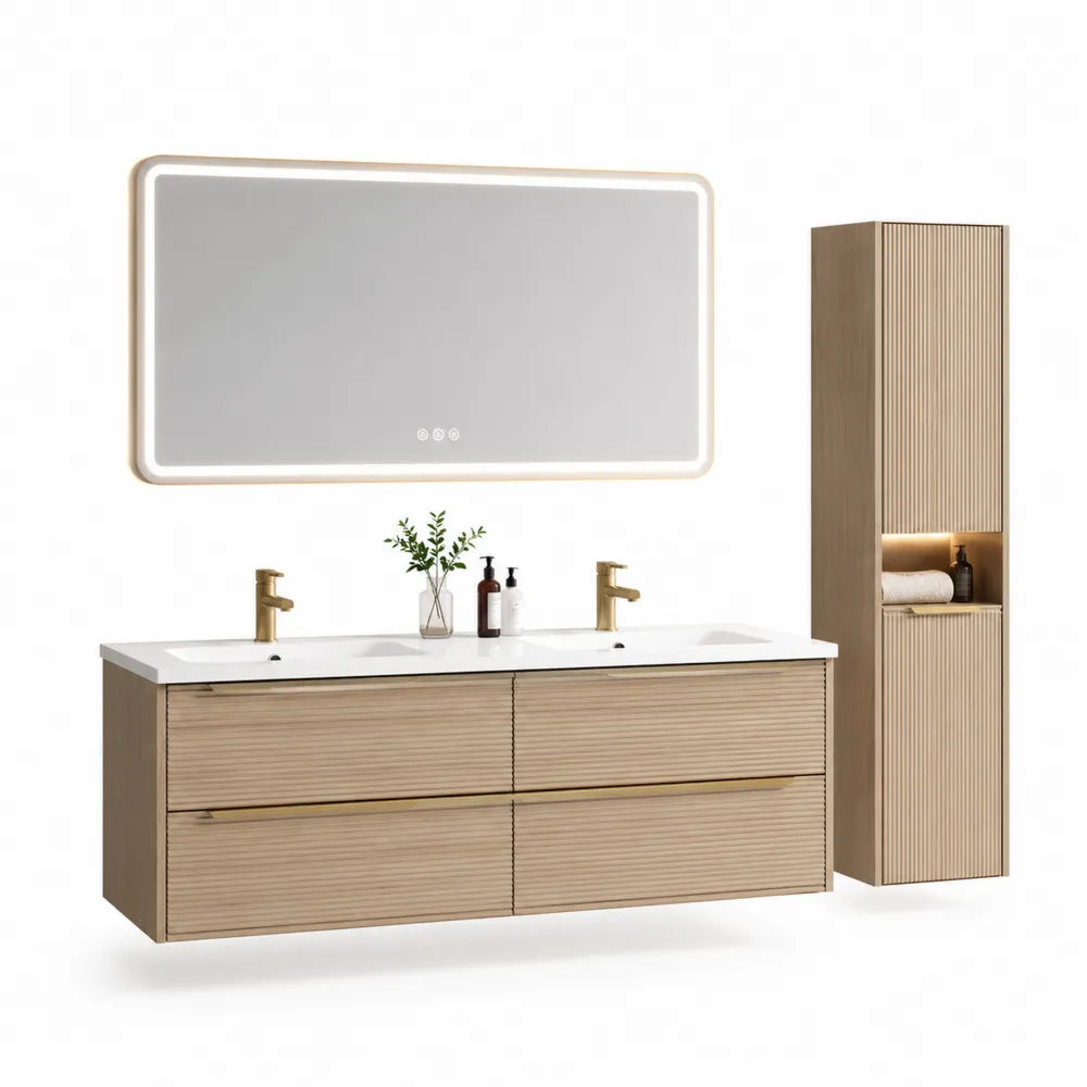 Badezimmermöbel Set 160 cm x 46 cm x 55 cm Naturholzoptik Weiß MDF mit Doppelwaschtisch LED Spiegel und Hochschrank Lamellenfront