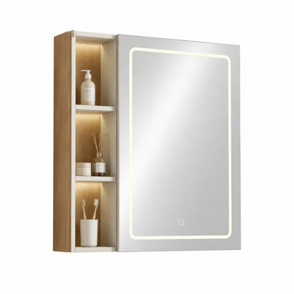 Spiegelschrank LED Wandmontage mit offenen Regalfächern Holzwerkstoff Eiche Weiß 60 x 15 x 60 cm