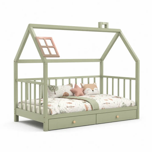 Kinderhausbett 90 x 200 cm Massivholz Kiefer Salbeigrün Hausbett mit Rausfallschutz und 2 Schubladen