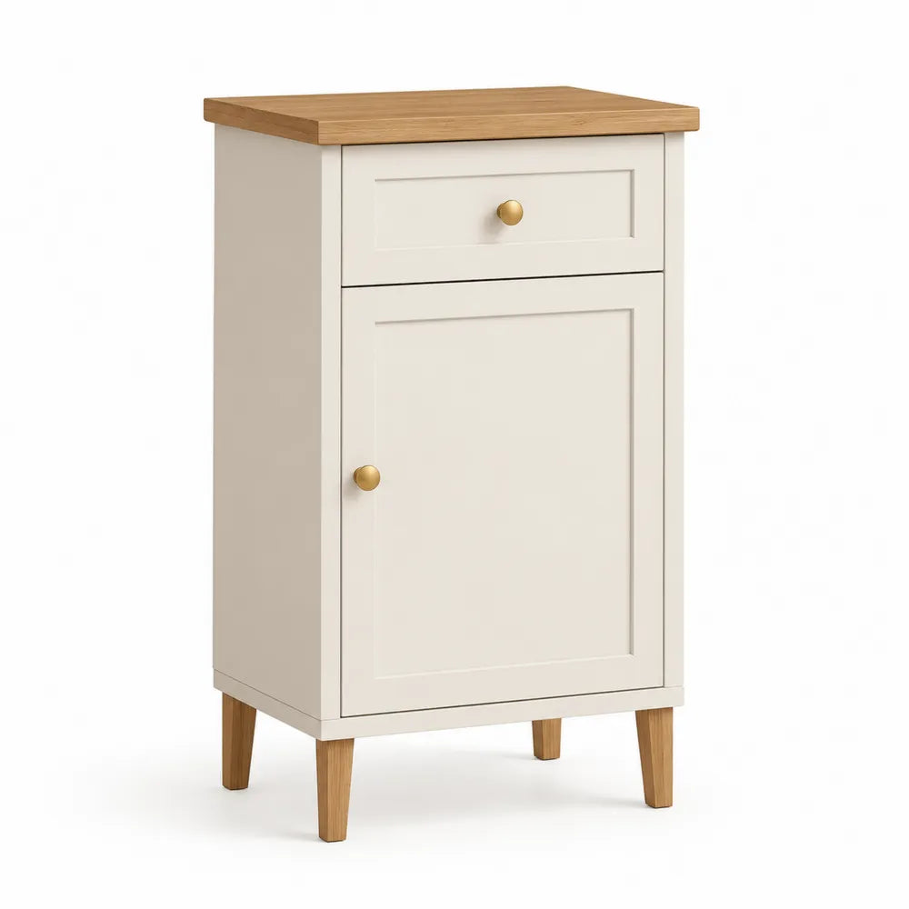 Sideboard Aufbewahrungsschrank 40 x 35 x 80 cm MDF Holzdekor 1 Schublade 1 Tür Cremeweiß Naturholz Gold rechteckig