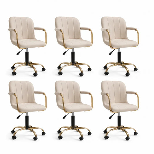 Esszimmerstühle 6er Set Drehstuhl mit Rollen höhenverstellbar Polster Sitzfläche Armlehne Metallgestell Gold Beige 60 cm x 60 cm x 80-92 cm Sitzhöhe 45-57 cm