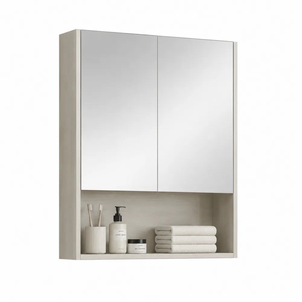 Spiegelschrank mit 2 Spiegeltüren und offenem Fach Holzwerkstoff Weiß Spiegelglas 60 x 15 x 70 cm