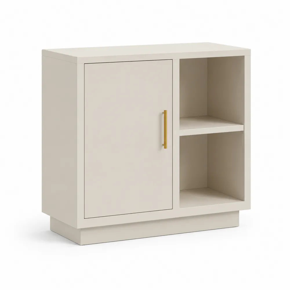 Sideboard Aufbewahrungsschrank 1 Tür offene Fächer 2 Ebenen Holzwerkstoff MDF Eichenoptik Cremeweiß Gold 90 cm x 35 cm x 75 cm