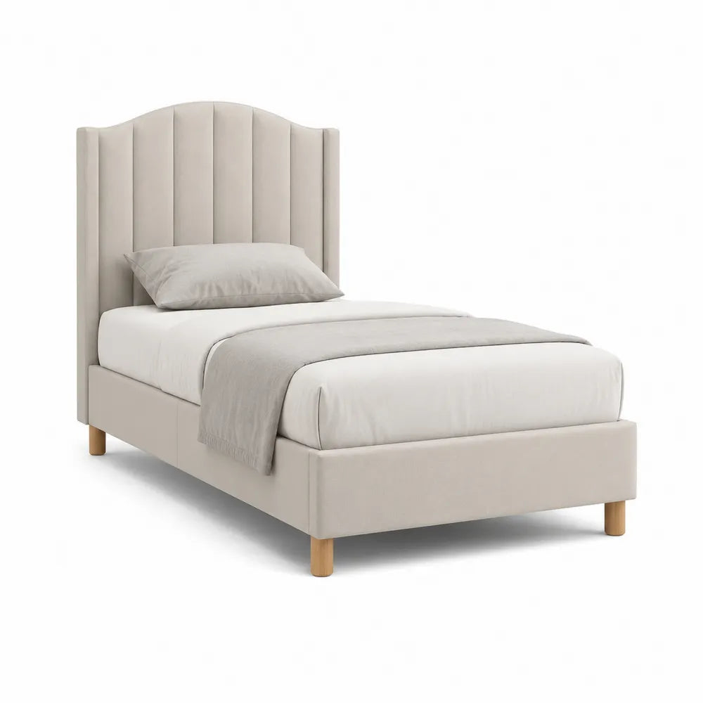 Polsterbett 90 cm x 200 cm Beige Stoff geschwungenes Kopfteil Holzrahmen rechteckig Holzbeine