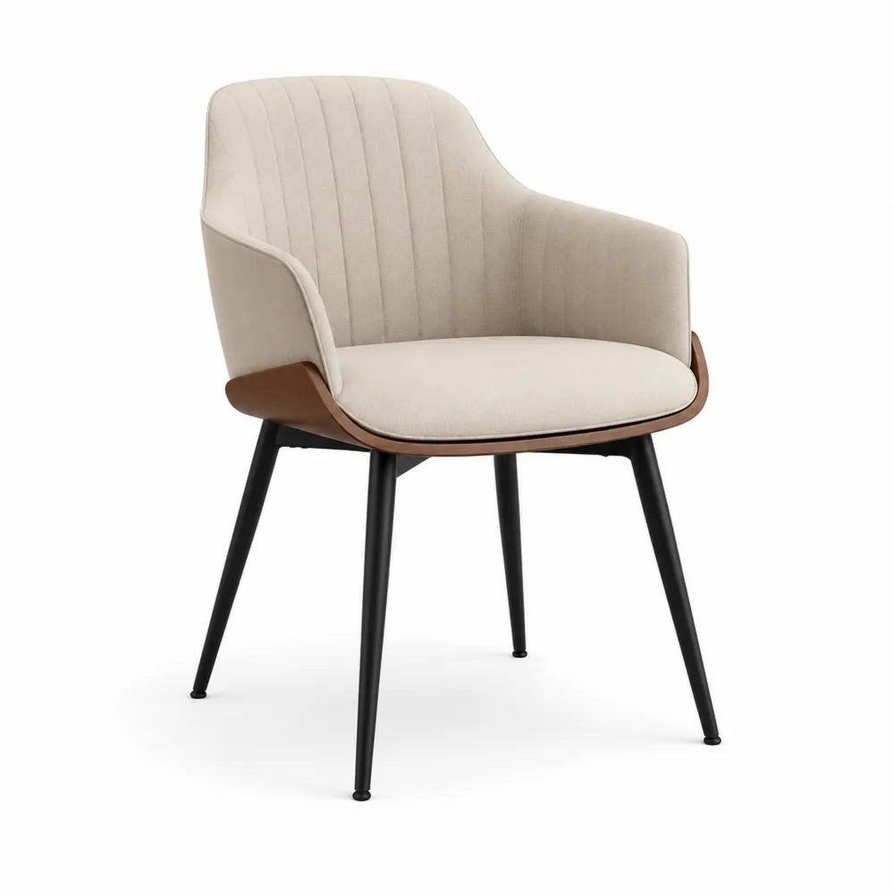 Esszimmer Armlehnstuhl 56 cm x 58 cm x 82 cm Sperrholz Polyesterbezug mit Stahlbeinen Beige Schwarz Naturholz