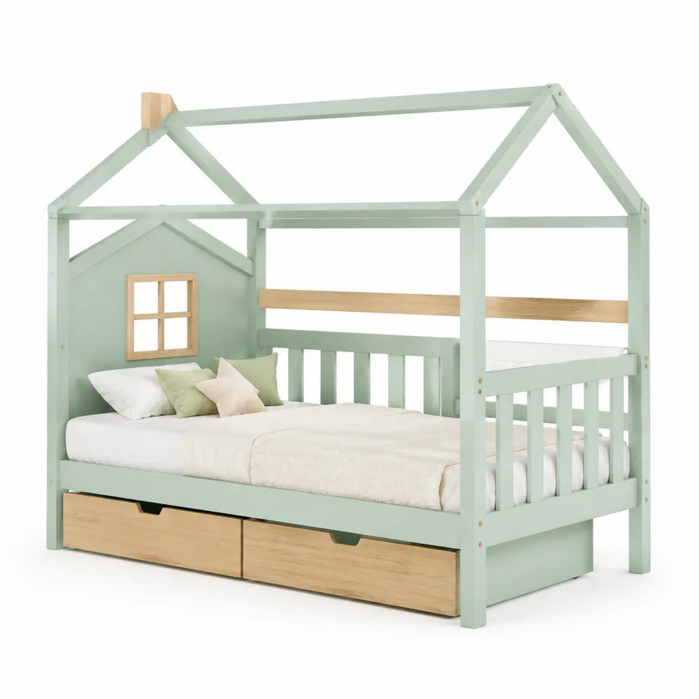 Kinderhausbett 90 x 200 cm MDF Holz Hausdesign Mintgrün Naturholz mit 2 Schubladen Stauraum rechteckig
