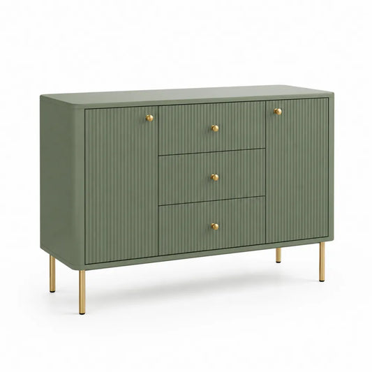 Sideboard Kommode 2 Türen 3 Schubladen MDF Rillenfront Grün Gold Metallfüße 120 cm x 40 cm x 85 cm