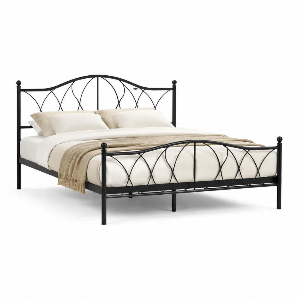 Metallbett 160 x 200 cm Eisen Schwarz geschwungenes Kopf- und Fußteil dekoratives Gitterdesign rechteckig Bettgestell