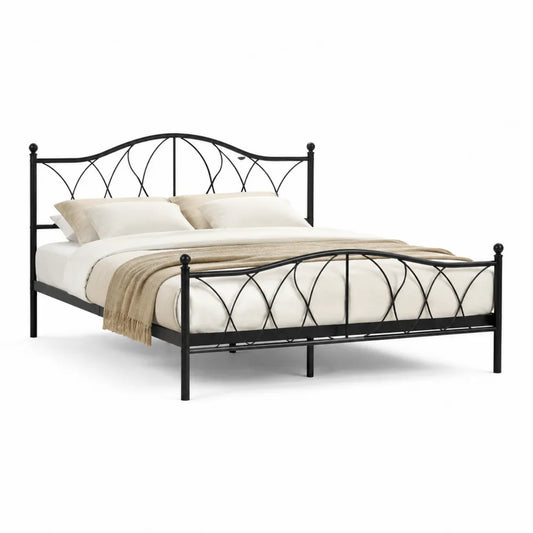 Metallbett 160 x 200 cm Eisen Schwarz geschwungenes Kopf- und Fußteil dekoratives Gitterdesign rechteckig Bettgestell